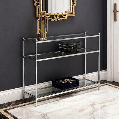 Modern Console Table With Tempered Glass Shelves And Chrome Frame For Living Room Entryway Hallway