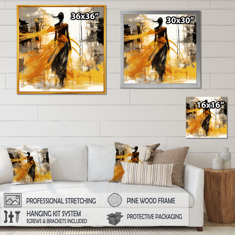 Femme noire et jaune avec vent - Illustration de mode, impressions encadrées, H 30 po x l 30 po x P 1,5 po