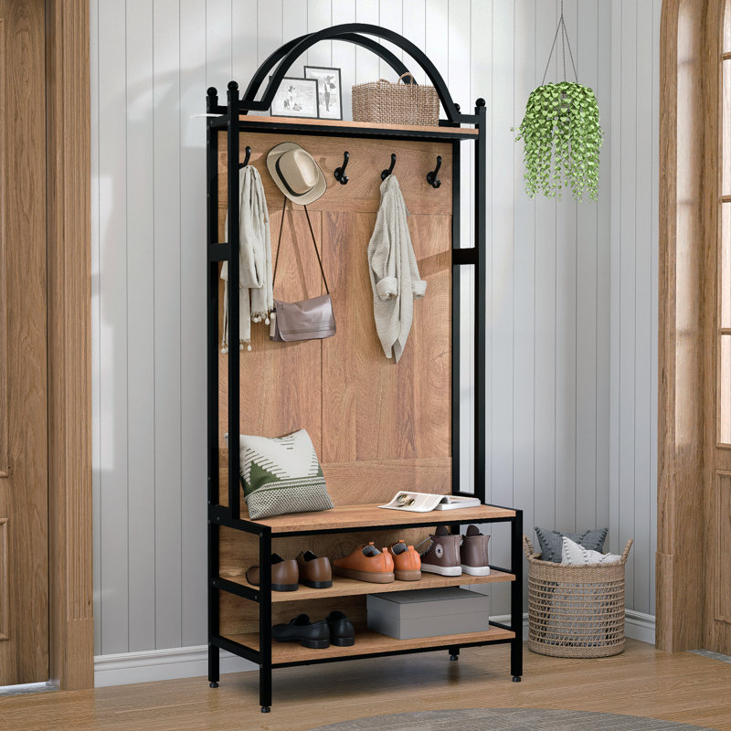 76.8" Hall Tree with Bench and Shoe Storage, 6-in-1 Entryway Coat Rack with 5 Hooks, Arched Hall Tree Entryway Bench with Shoe Rack, Metal Frame Entryway Organizer for Mudroom, Foyer, Natural