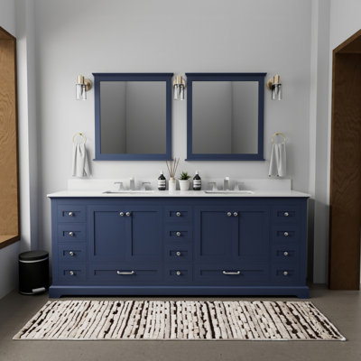 Meuble-lavabo double bleu marine 84 po X P 22 po , Comptoir en quartz blanc, ensemble de robinets et Miroirs
