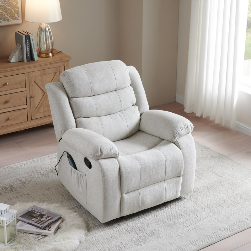 37" Wide Modern Polyester Blend Soft Backrest Manual Recliner with Massage & Heating Function Beige, Beige Polyester Blend