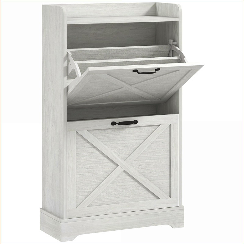 Shoe Cabinets | Farmhouse Slim Hidden Shoe Storage, 2 Flip Drawers, Adjustable Shelves, Holds 8 Pairs, Distressed Off-white | Entryway | Particle Board