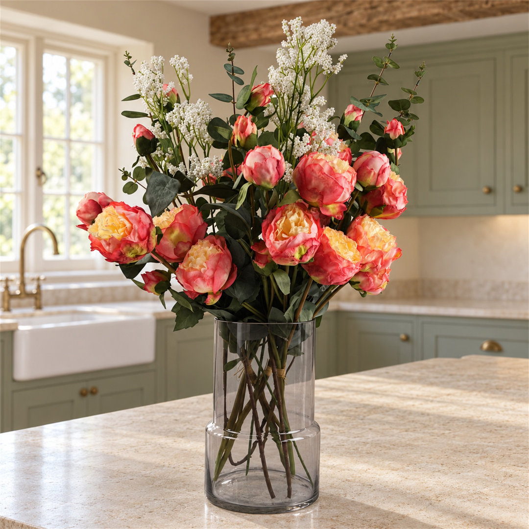 60cm Artificial Pink Peony Arrangement Grey Smoke Glass Vase Home Decor Display - Image 4