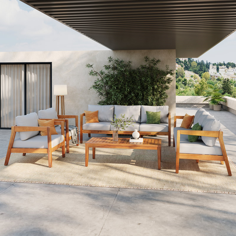 Outdoor 5-Piece Outdoor Acacia Wood Conversation Set With Slatted Tabletop & Cushions, 5 Pcs: Table, 2 Sofa, 2 Chairs