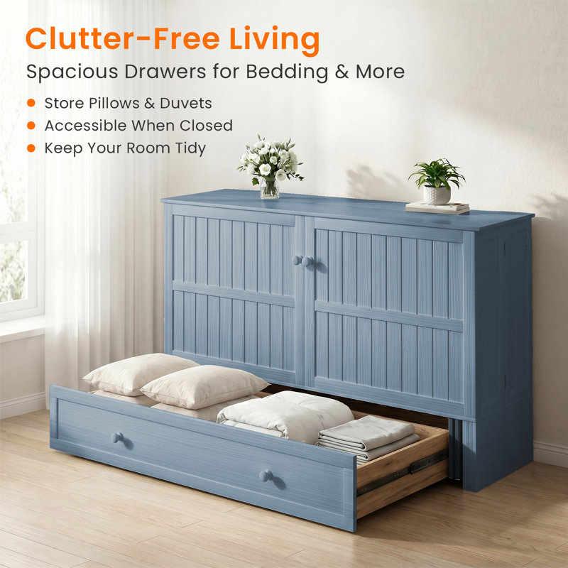 Grand lit escamotable avec tiroirs de rangement et station de charge, bleu Murphy, Bleu