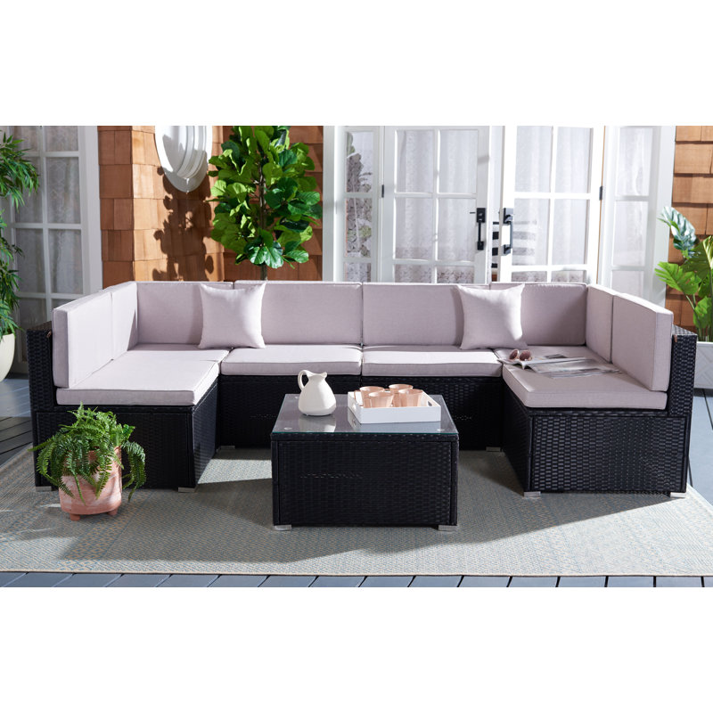 Azrien Wood 6 - Person Modular Patio Conversation Set with Cushions, Black Frame/Light Gray Cushion