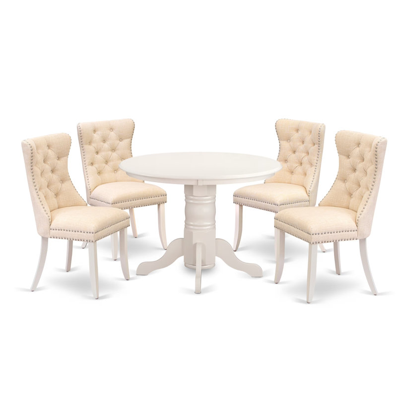 L'ensemble de salle à manger 5 pièces comprend une table de cuisine ronde avec piédestal et 4 chaises rembourrées, Vert/blanc