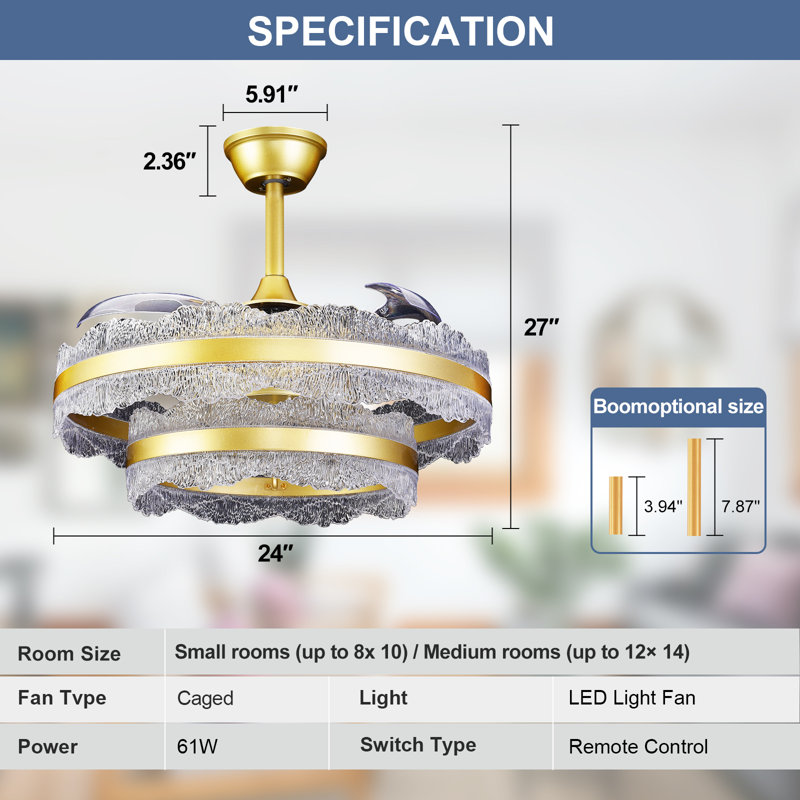 24" Double Ring Mountain Texture Ceiling Fan with Lights, Modern Invisible Blade Fandelier with Frosted Glass Shade, Luxury Flush Mount LED Chandelier Fan for High-End Living Room