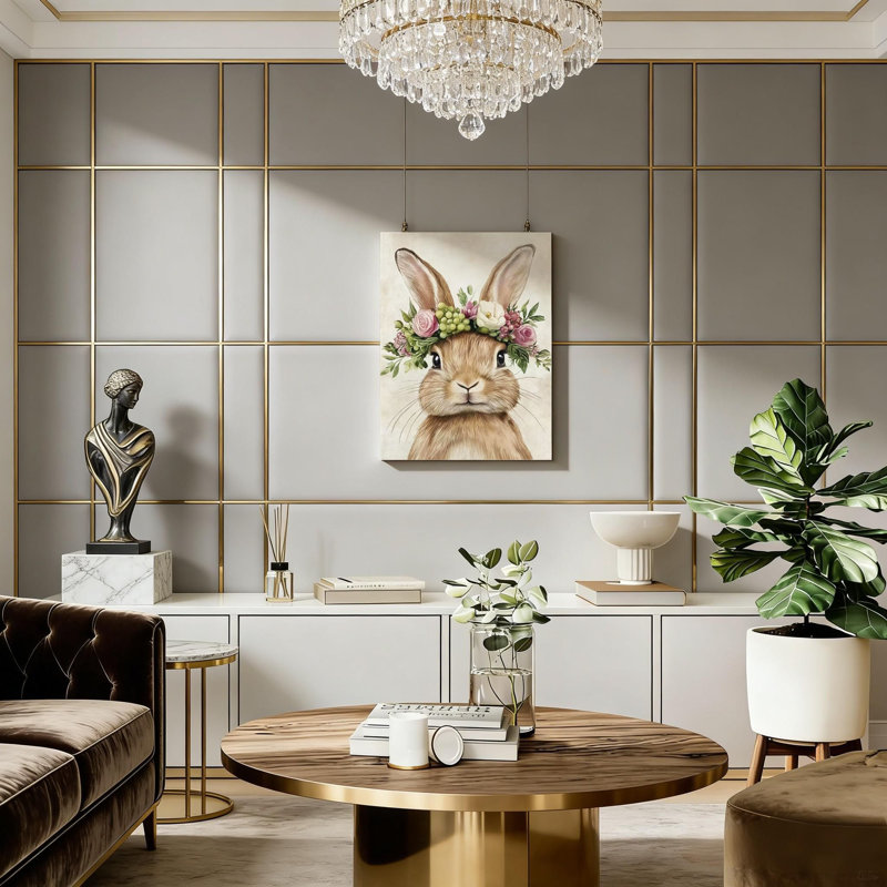 Beige mignon et amusant, lapin avec couronne, toile, cadre en bois massif, art mural, 24 x 16 po, décoration intérieure