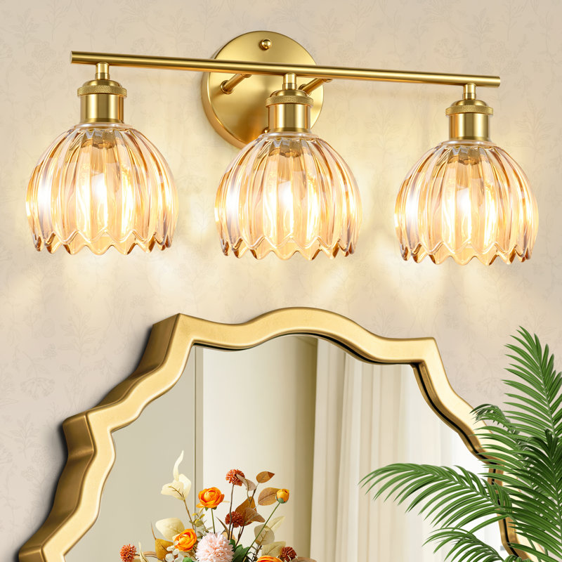 3-Light Vanity Light With Amber Tulip Glass Shades, Modern Bathroom Wall Lighting For Bedroom, Kitchen, Living Room, 3 Lights