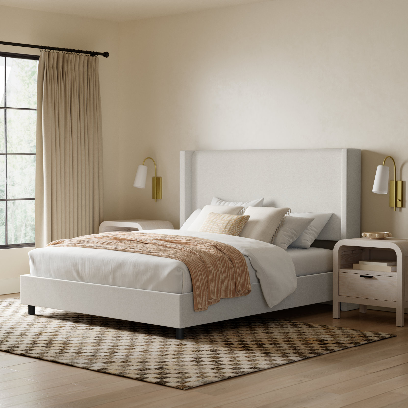 Hanson Linen Upholstered Wingback Bed, Queen, Zuma Charcoal Textured Linen