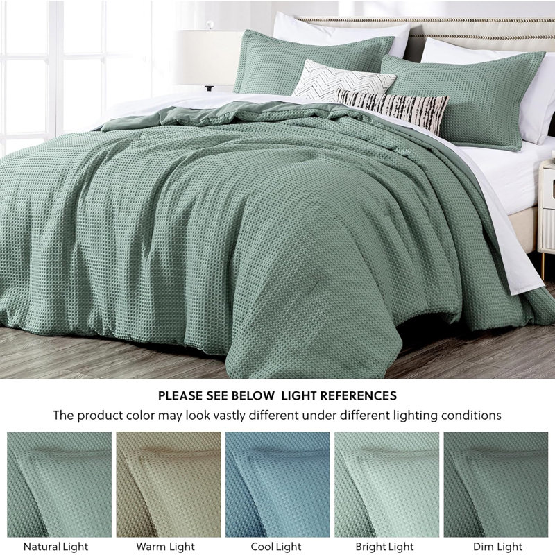 Wilmer Waffle Weave Textured Comforter Set, King Comforter + 2 King Shams, Sage Green