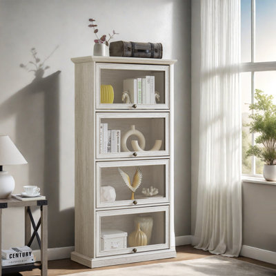 Vitrine moderne en verre avec 4 tablettes et portes en verre rabattables, organisateur de vitrine pour jouets, objets de collection et livres - Finition blanche pour un look élégant