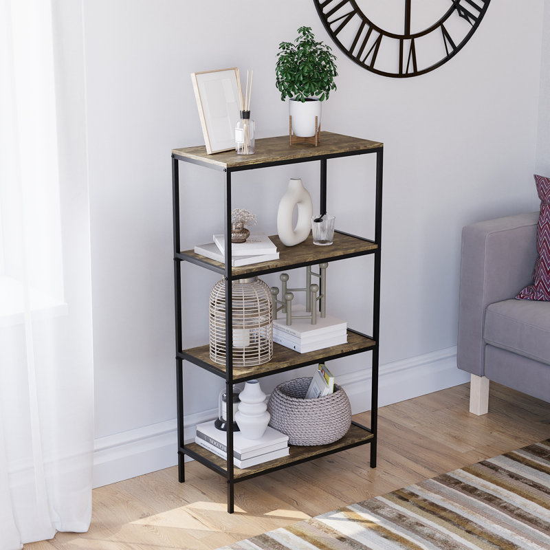 Sylvie 4 Tier Industrial Style Bookcase Living Room Shelving Unit With Metal Frame, Dark Wood