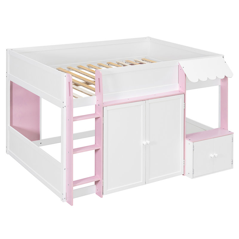 Lit mezzanine double avec maisonnette et rangement, Rose