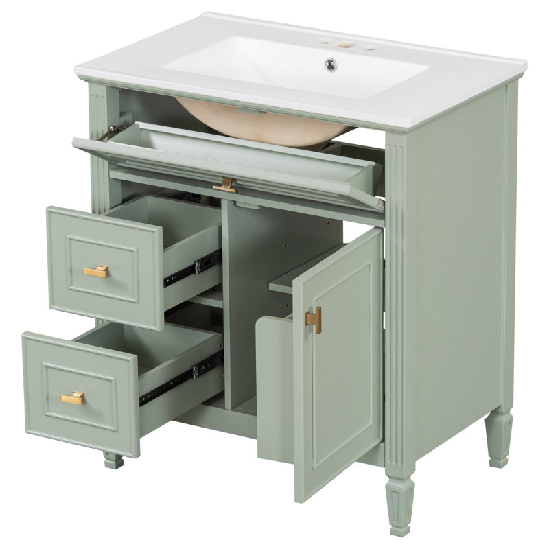 Ensemble de meuble-lavabo transitionnel avec lavabo en céramique, structure en bois massif, tiroir rabattable, tiroirs latéraux et armoire de rangement