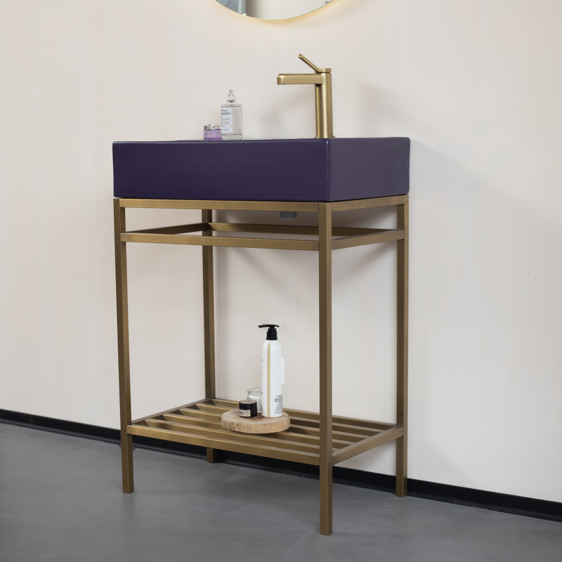 Lofi 24" Freestanding Bathroom Vanity Set with Ceramic Sink, Rectangular Ceramic Console Sink without Faucet, Open Stainless Steel Legs, Storage Shelves