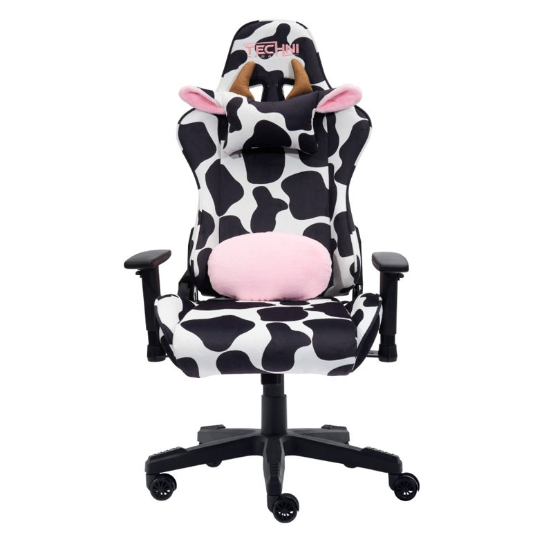 Fauteuil de jeu ergonomique COW Series - Appui-tête lombaire et repose-pieds pour adultes, Black/White/Pink