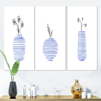 Minimal Flowers In Pots I - Ensemble de 3 peintures sur toile tendue