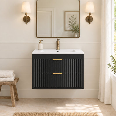 Meuble-lavabo de salle de bain de 61 cm (24 po) avec lavabo encastré en céramique, meuble-lavabo en bois avec rangement dissimulé (sans robinetterie) - Noir