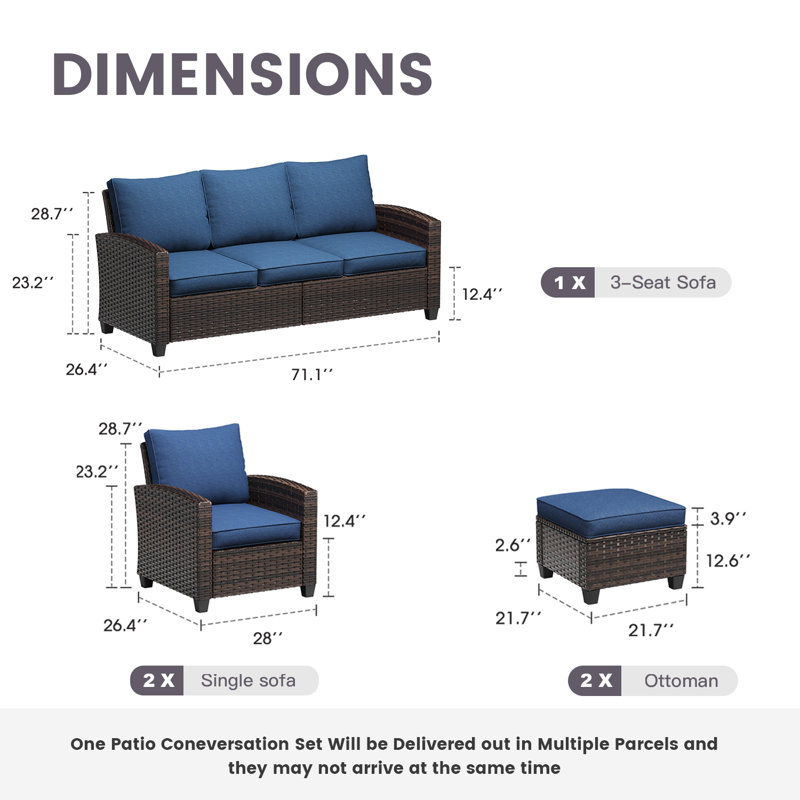 5 Seats Wicker Patio Conversation Set with Cushions, Brown Frame/Slate Blue Cushion