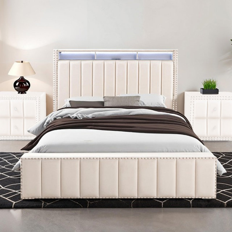 Lit rembourré Mcmillan Led, Beige, Lit double