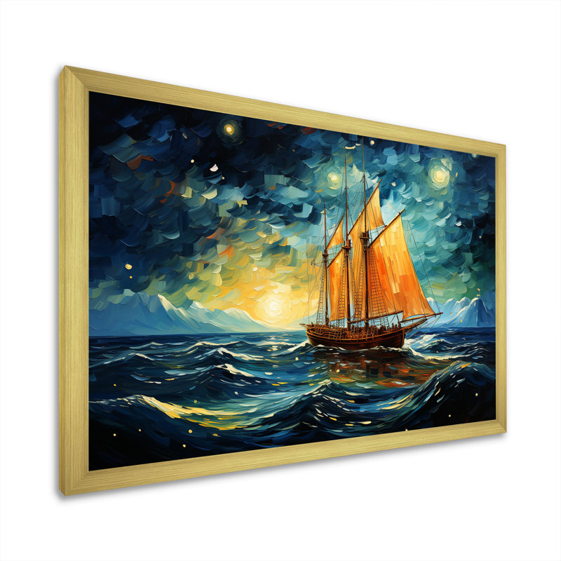 «Moonlight Saiboat Horizon III - Bateau à voile, art mural», Cadre doré à coins fermés, H 12 po x l 20 po x P 1 po