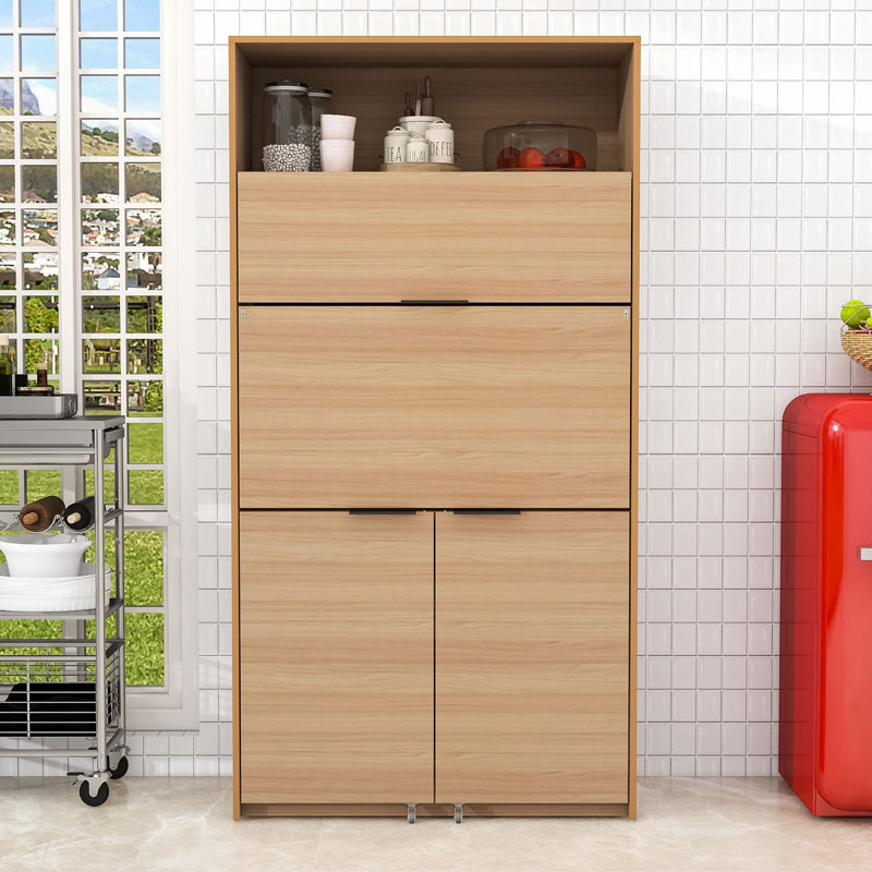Armoire de cuisine polyvalente avec tablette réglable, poste de travail pliable et station de charge intégrée, Naturel