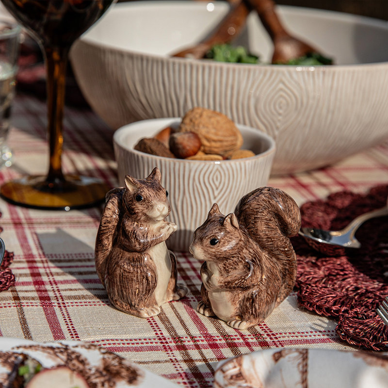 Hand-Painted Nut-Brown Stoneware Squirrel Salt and Pepper Set