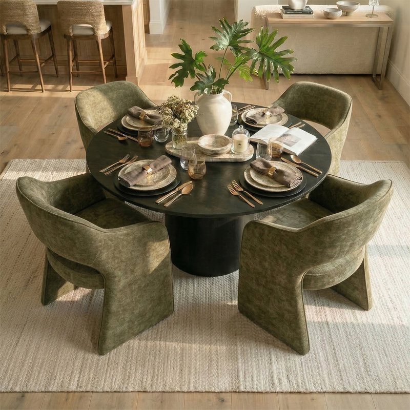 4 - Person Dining Table Sets With Round Table & 4 Upholstered Fabric Chairs, Sage Green, Black