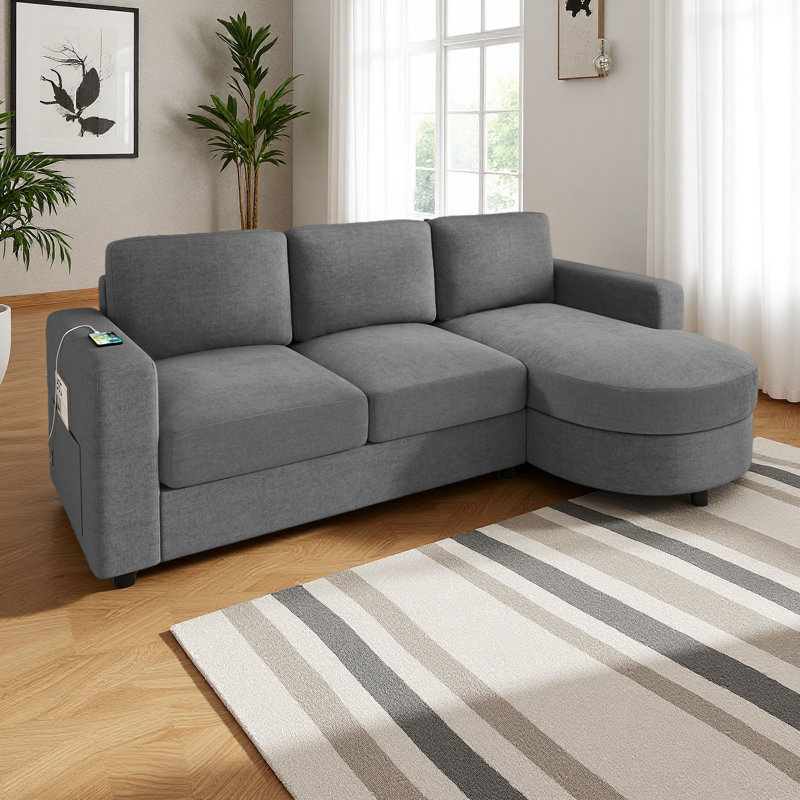 Canapé modulaire moderne en L de 84,6 po avec méridienne incurvée, ports USB et poches de rangement latérales Modern