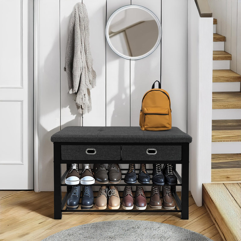 Gray Cushioned Entryway Shoe Bench, 3-Tier Shoe Storage Organizer with 2 Drawers for Hallway & Entryway