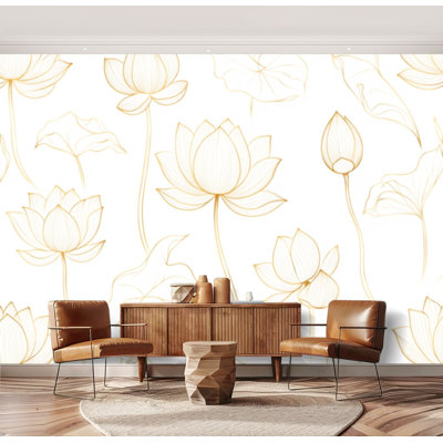 Wall Mural Peel and Stick Wallpaper Gold lotus line Golden design lotus flower leaves white Self-Adhesive Removable Contact Paper Wall Decor for Living Room Bedroom 69"H x 96"W