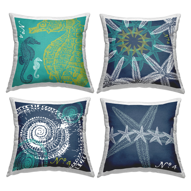 Ensemble de coussins 4 pièces Nautical Ocean Creatures Arrangement par Geoff Tygert