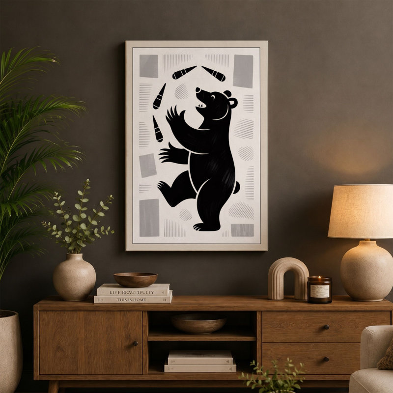 Juggling Bear Retro 1 Piece Wrapped Canvas Wall Art, 30x20 - 76.2 x 50.8 cm, Cream Border
