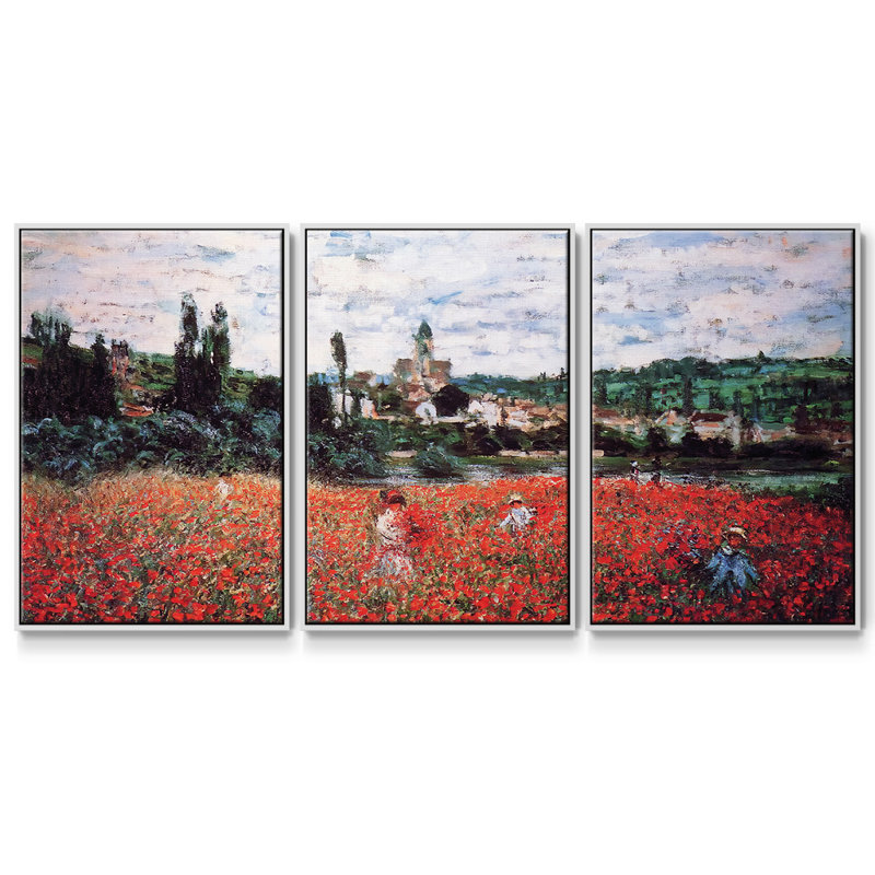 «Poppy Field Near Vetheuil», 1879, reproduction sur toile 3 pièces, H 36 po x l 75 po x P 2 po, Blanc