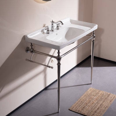 Lavabo de salle de bain 36 po, meuble-lavabo mural en céramique blanche avec 3 trous pré-percés, pieds de support autoportants en acier inoxydable avec barre à serviettes