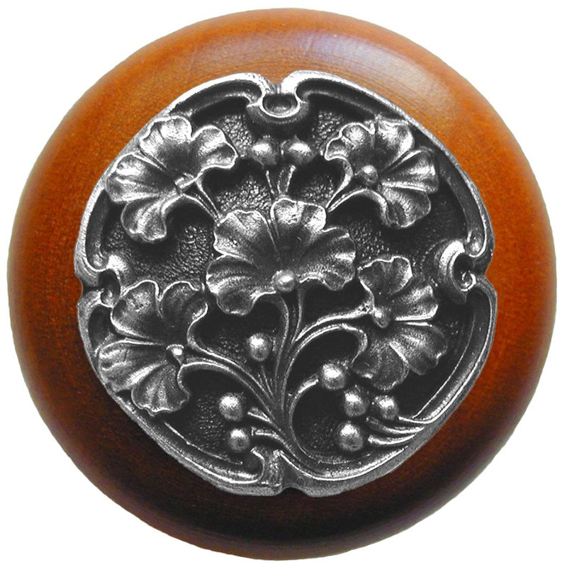 Leaves 1.5" Diameter Mushroom Knob, Antique Pewter/Cherry Wood