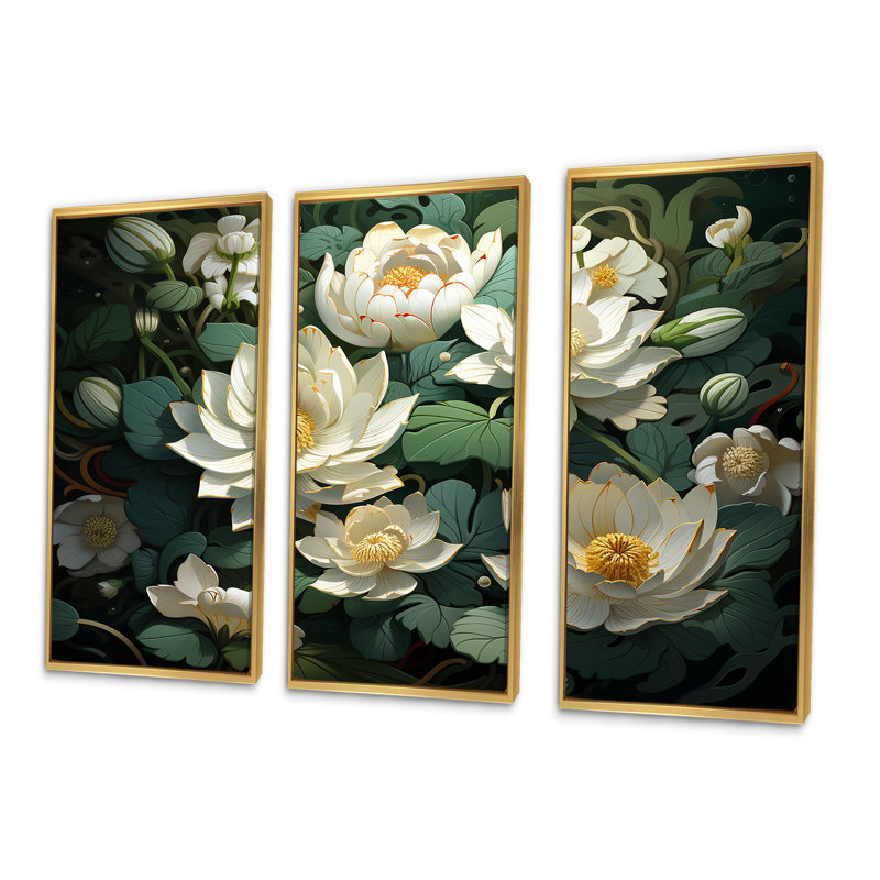 Fleurs de lotus méticuleusement rendues - ensemble d'art sur toile de lotus, Cadre flottant doré, H 32 po x l 48 po x P 1 po