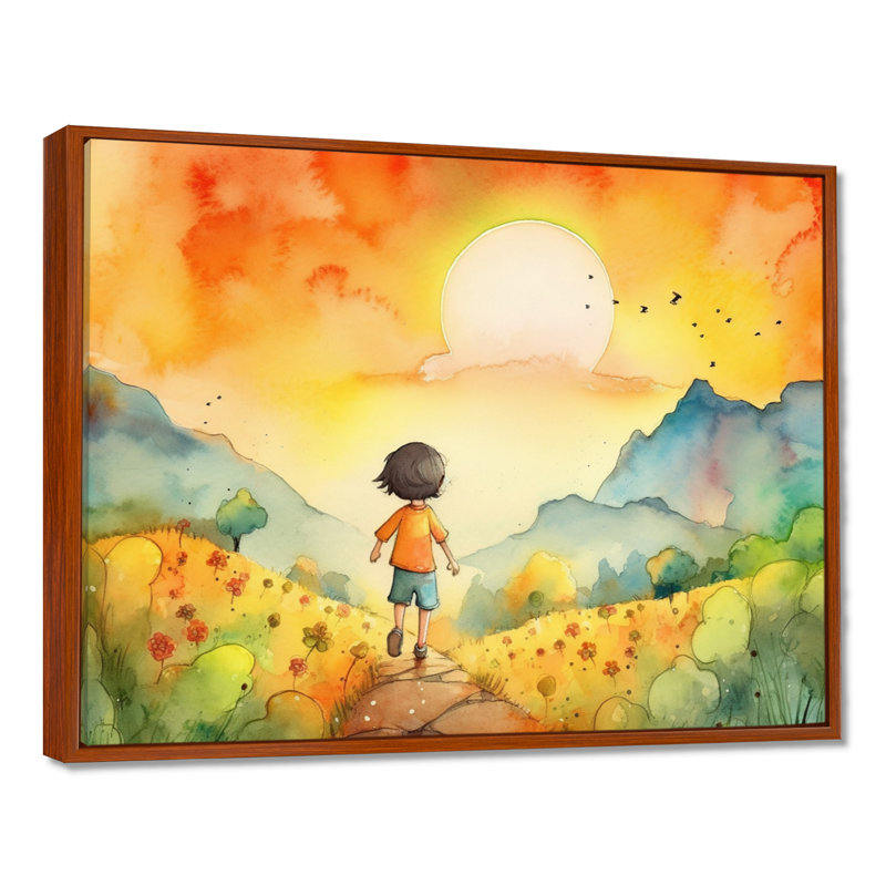 Enfants, art mural sur toile, H 34 po x l 44 po, Reproduction avec cadre flottant, Brun