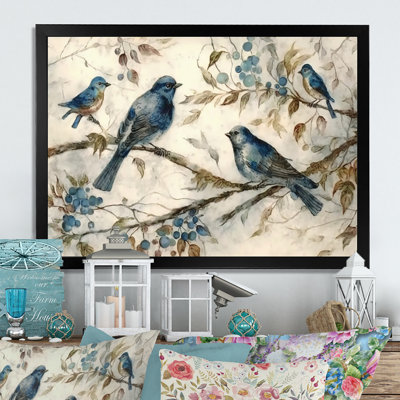 Quatre oiseaux bleus rétro sur une branche IV - Art mural oiseau
