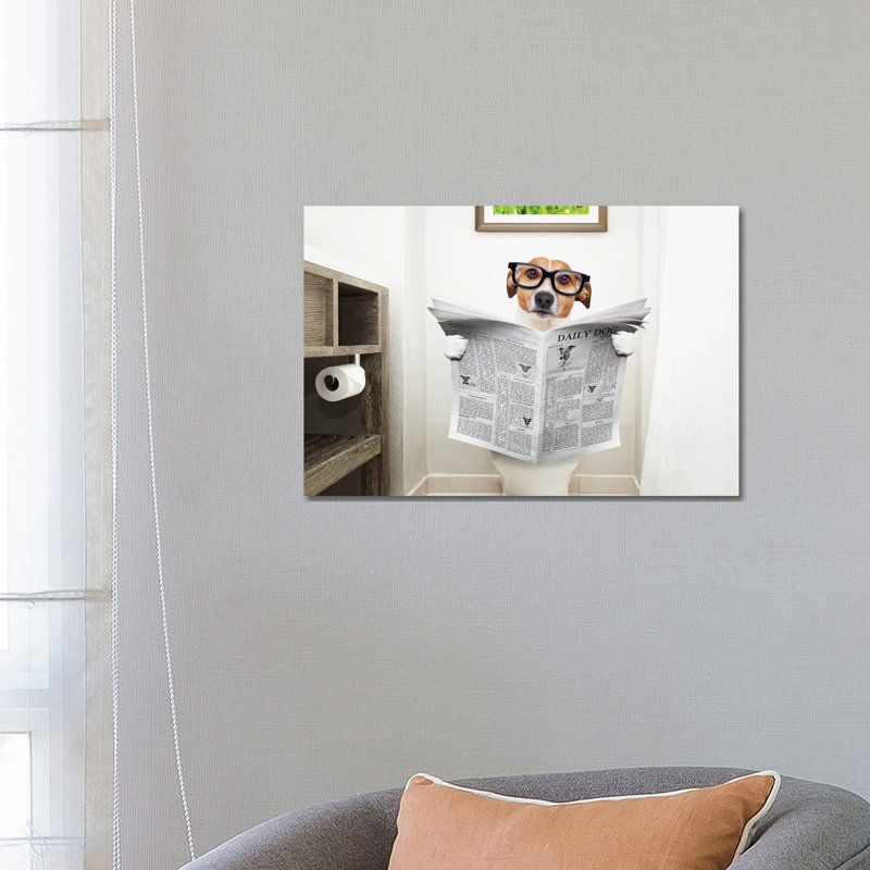 Dog On Toilet Seat Reading Newspaper I by Damedeeso - Print on Canvas, 45.72cm H x 66.04cm W x 1.91cm D, Wrapped Canvas
