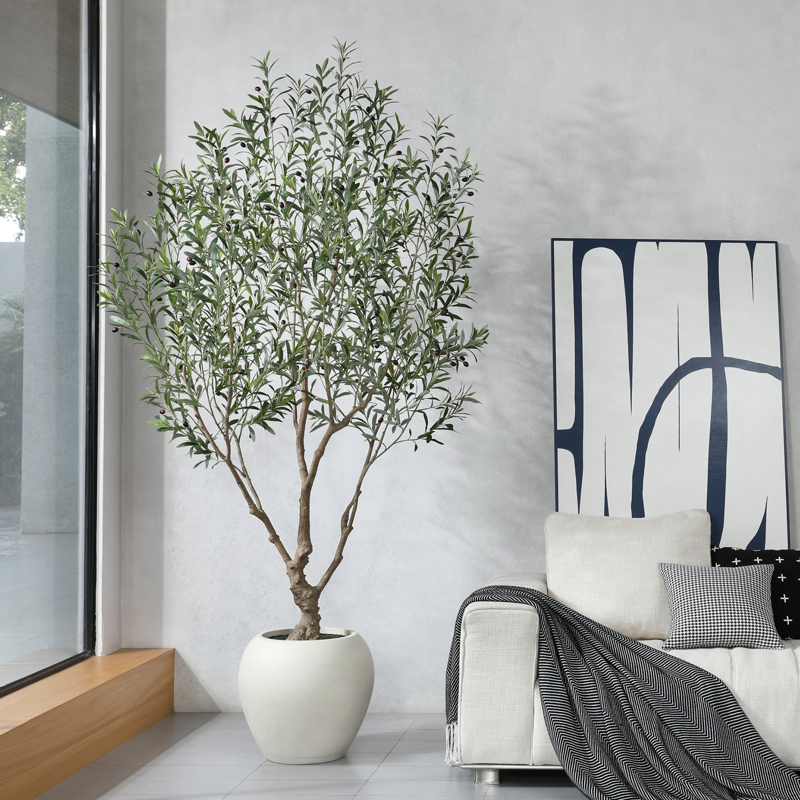 Alvina 8ft Artificial Olive Tree with 18in White Planter, Tall Faux Olive Trees for Indoor