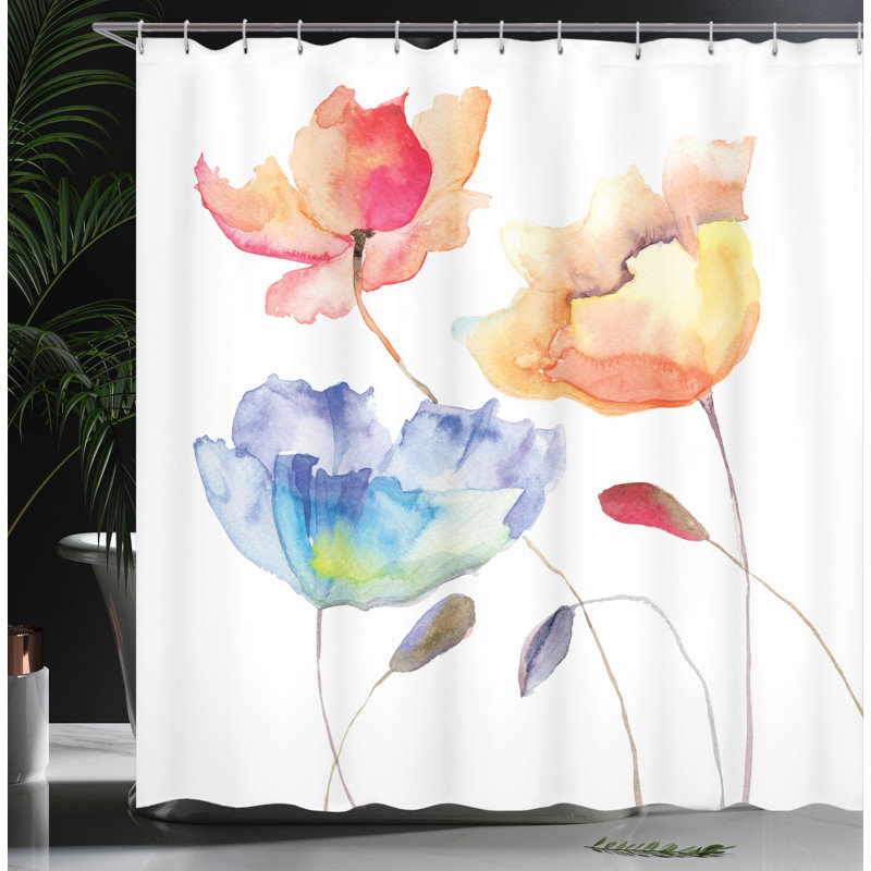 Ensemble de rideau de douche à fleur aquarelle + crochets, H 75 po x l 69 po