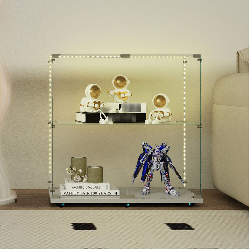 Vitrine en verre trempé avec - lumières DEL réglables, pivotant verrouillable, convient à divers environnements, blanc, style classique, 3 4 tablettes, capacité de 110 lb, roues à profondeur contrôlée de 30,11 po,