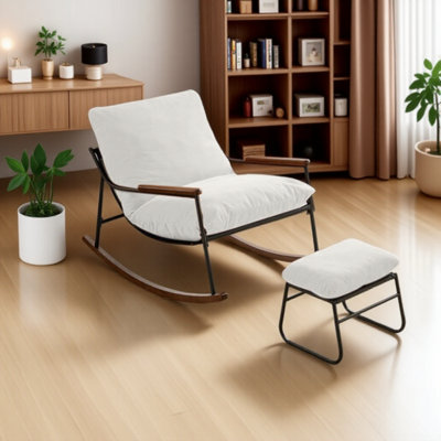 Rocking Chair With Footstool, Modern Accent Rocking Chair With Solid Wood Legs, Nursery Recliner With Armrests, Wide Seat, Easy To Clean For Bedroom L by George Oliver