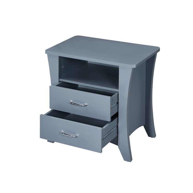 Table de chevet à finition grise avec 2 tiroirs et un compartiment ouvert pour l'organisation de la chambre à coucher, Gris