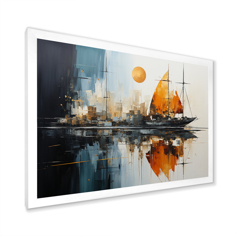 «Moonlight Saiboat Collage Horizon III - Bateau à voile, art mural», Cadre de coin blanc fermé, H 24 po x l 32 po x P 1 po