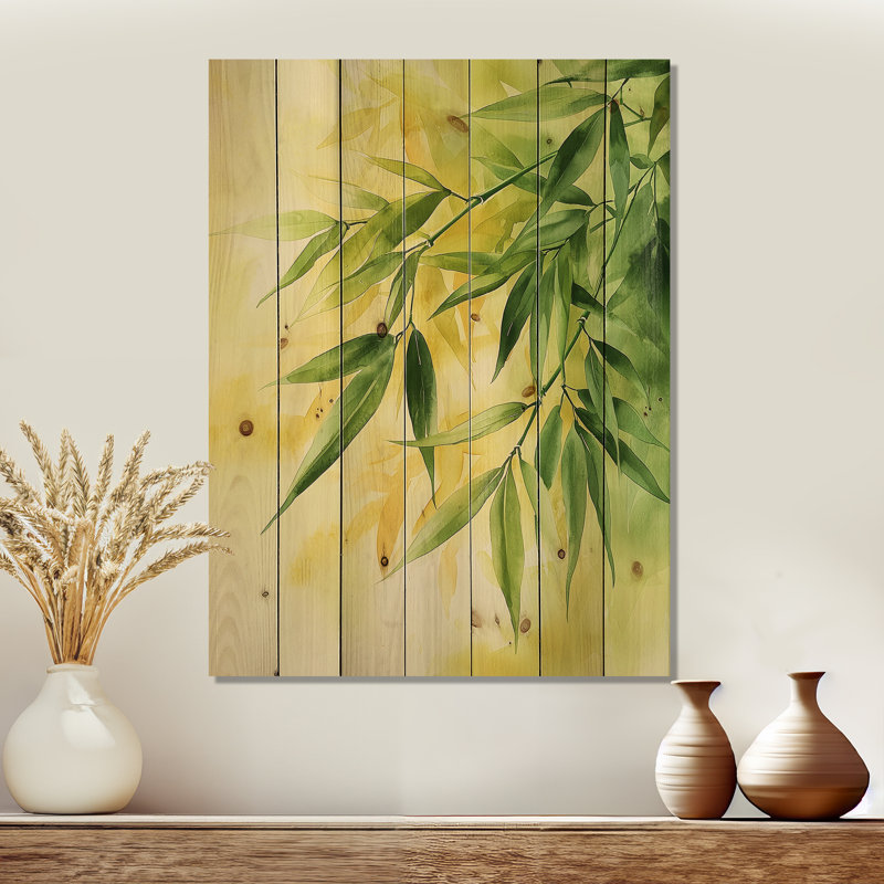 Green Yellow Bamboo Leaves In Africa III - Leaves Wood Wall Decor - On Natural Pine Wood, 40" H x 30" W x 0.78" D