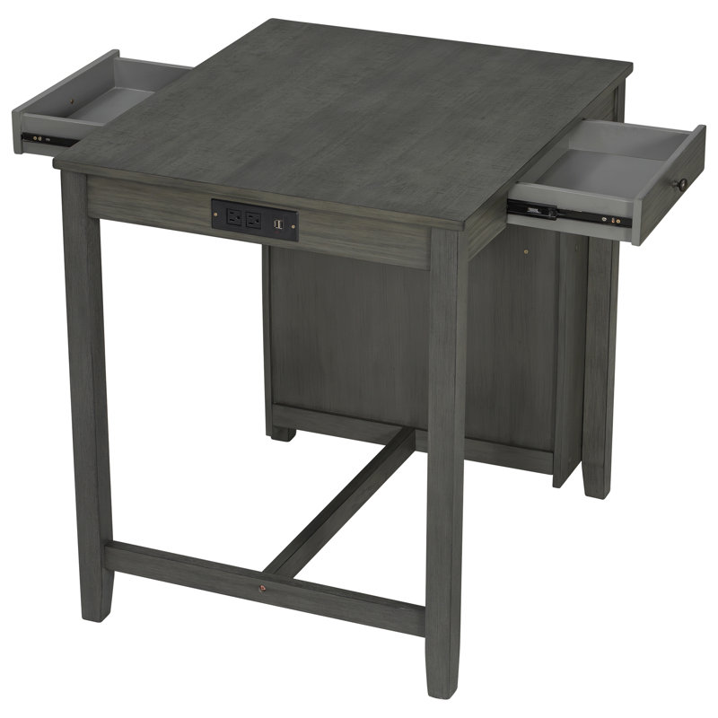 Ensemble de table de bar 3 pièces avec 2 tabourets rembourrés, table basse de bar avec rangement pour bouteilles de vin, tiroir et prise électrique